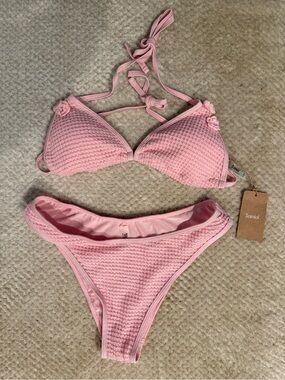Pink Textured Crochet Bikini Set - Samiol Tag